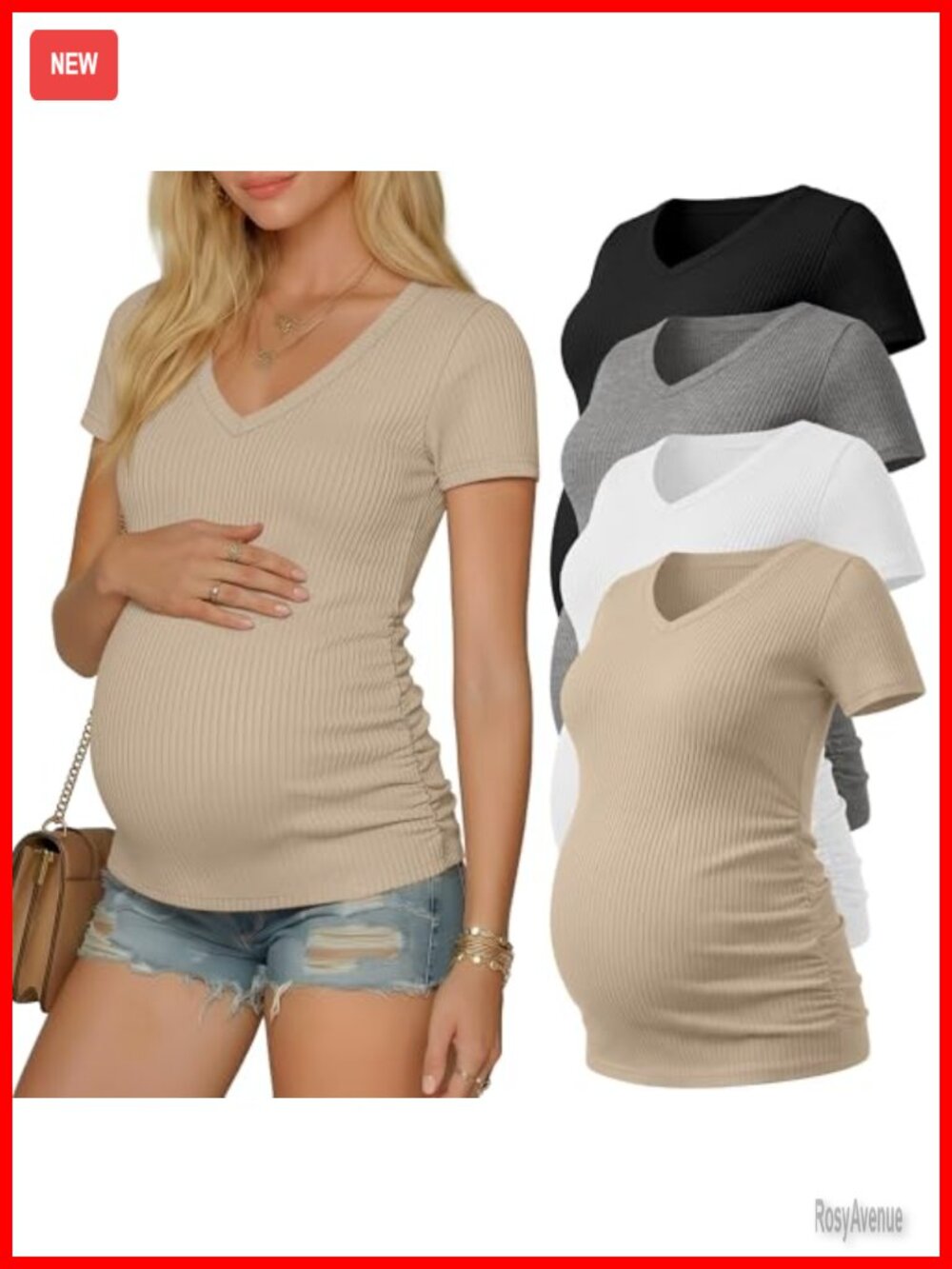 Maternity T-Shirts Short Sleeve V-Neck Side Ruched Cotton Blend Slim Fit